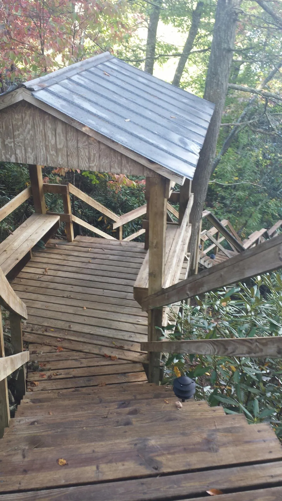Metal roofed shelter over wooden steps on a wooded walkway — Skylight Repair & Installation work by our crew in Johnson City